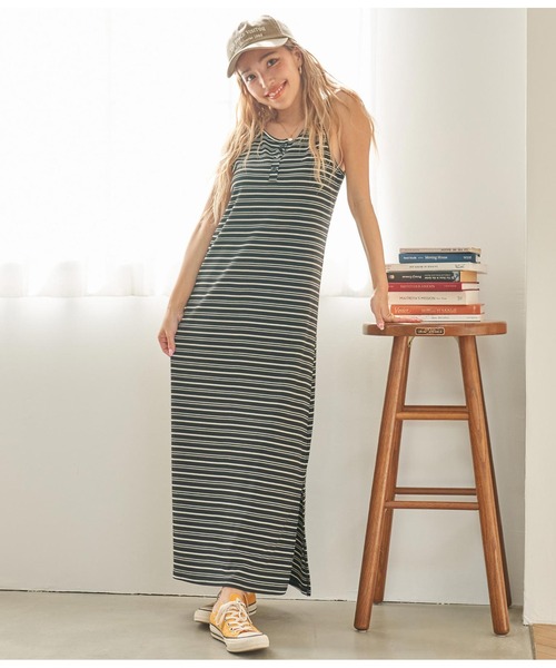 anap mimpi(アナップミンピ)の「ヘンリーネック ランダムボーダー マキシワンピース(ワンピース・レディース・ブラック/ホワイト・FREE)」の10枚目の写真