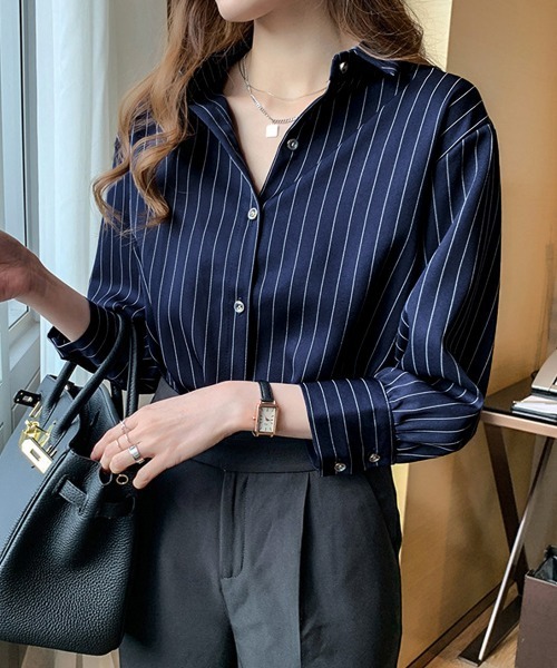 Miniministore(ミニミニストア)の「ストライプシャツブラウス レディース長袖(シャツ/ブラウス・レディース・ホワイト/ネイビー・FREE)」の1枚目の写真