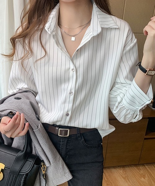Miniministore(ミニミニストア)の「ストライプシャツブラウス レディース長袖(シャツ/ブラウス・レディース・ホワイト/ネイビー・FREE)」の14枚目の写真