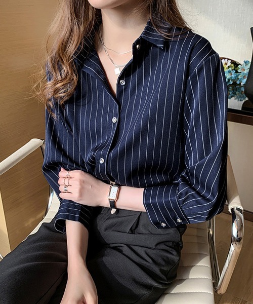 Miniministore(ミニミニストア)の「ストライプシャツブラウス レディース長袖(シャツ/ブラウス・レディース・ホワイト/ネイビー・FREE)」の3枚目の写真