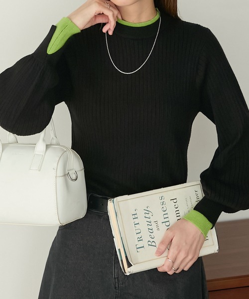 BONLECILL（ボンルシール）の「【至福のカヌレニット】レイヤード風ハイネックボリュームスリーブ リブニットプルオーバー（ニット/セーター・レディース・アイボリー/ブラック/杢グレー/ネイビー/ブラック×ホワイト/レッド/オレンジ/ベージュ/ブラック系1/ピンク/グリーン/チャコールグレー/ライトブルー/ダークグリーン/ネイビー系2/ブラック系2/ダークオレンジ/ブルー/マスタード/ホワイト×ブラック/ネイビー系3/レッド系1/ネイビー系1/グレー系1/アイボリー系1/ブラウン/ボルドー・M/L）」の6枚目の写真