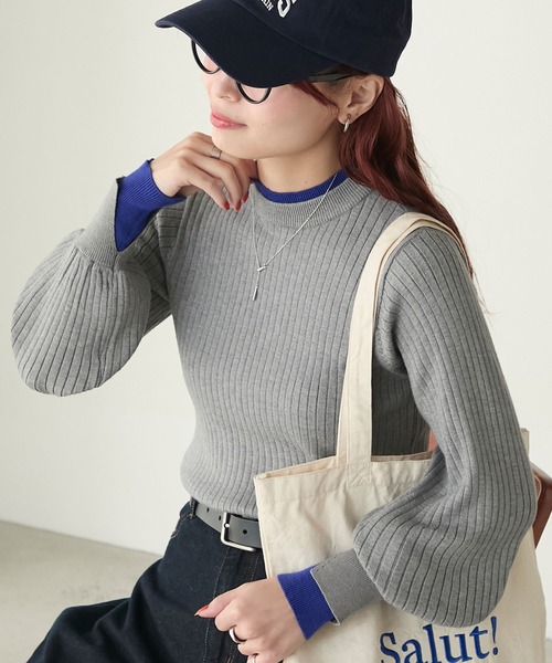 BONLECILL（ボンルシール）の「【至福のカヌレニット】レイヤード風ハイネックボリュームスリーブ リブニットプルオーバー（ニット/セーター・レディース・アイボリー/ブラック/杢グレー/ネイビー/ブラック×ホワイト/レッド/オレンジ/ベージュ/ブラック系1/ピンク/グリーン/チャコールグレー/ライトブルー/ダークグリーン/ネイビー系2/ブラック系2/ダークオレンジ/ブルー/マスタード/ホワイト×ブラック/ネイビー系3/レッド系1/ネイビー系1/グレー系1/アイボリー系1/ブラウン/ボルドー・M/L）」の9枚目の写真