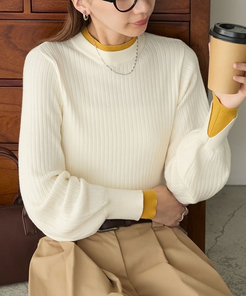 BONLECILL（ボンルシール）の「【至福のカヌレニット】レイヤード風ハイネックボリュームスリーブ リブニットプルオーバー（ニット/セーター・レディース・アイボリー/ブラック/杢グレー/ネイビー/ブラック×ホワイト/レッド/オレンジ/ベージュ/ブラック系1/ピンク/グリーン/チャコールグレー/ライトブルー/ダークグリーン/ネイビー系2/ブラック系2/ダークオレンジ/ブルー/マスタード/ホワイト×ブラック/ネイビー系3/レッド系1/ネイビー系1/グレー系1/アイボリー系1/ブラウン/ボルドー・M/L）」の12枚目の写真