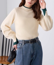 【至福のカヌレニット】レイヤード風ハイネックボリュームスリーブ リブニットプルオーバー