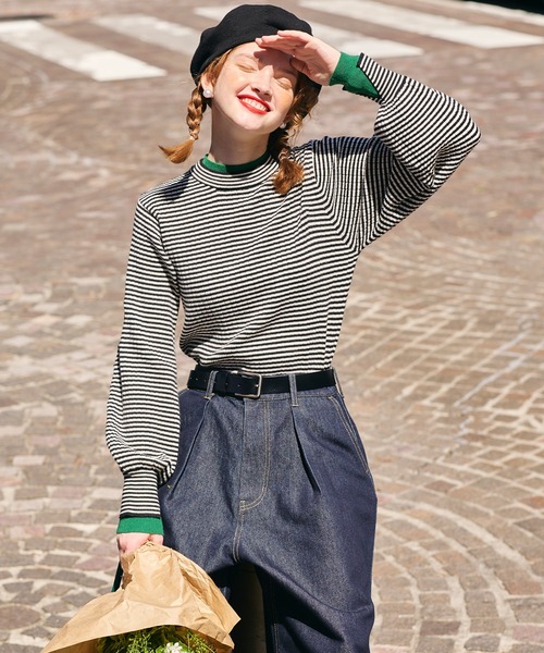 BONLECILL（ボンルシール）の「【至福のカヌレニット】レイヤード風ハイネックボリュームスリーブ リブニットプルオーバー（ニット/セーター・レディース・アイボリー/ブラック/杢グレー/ネイビー/ブラック×ホワイト/レッド/オレンジ/ベージュ/ブラック系1/ピンク/グリーン/チャコールグレー/ライトブルー/ダークグリーン/ネイビー系2/ブラック系2/ダークオレンジ/ブルー/マスタード/ホワイト×ブラック/ネイビー系3/レッド系1/ネイビー系1/グレー系1/アイボリー系1/ブラウン/ボルドー・M/L）」の3枚目の写真