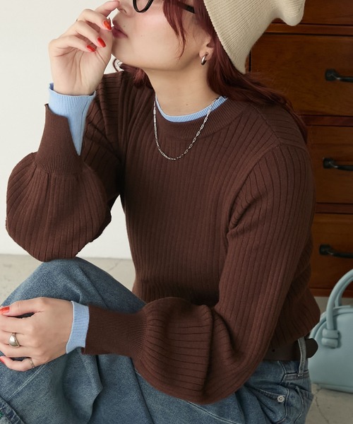 BONLECILL（ボンルシール）の「【至福のカヌレニット】レイヤード風ハイネックボリュームスリーブ リブニットプルオーバー（ニット/セーター・レディース・アイボリー/ブラック/杢グレー/ネイビー/ブラック×ホワイト/レッド/オレンジ/ベージュ/ブラック系1/ピンク/グリーン/チャコールグレー/ライトブルー/ダークグリーン/ネイビー系2/ブラック系2/ダークオレンジ/ブルー/マスタード/ホワイト×ブラック/ネイビー系3/レッド系1/ネイビー系1/グレー系1/アイボリー系1/ブラウン/ボルドー・M/L）」の10枚目の写真