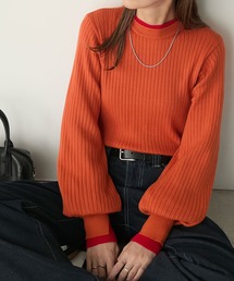 【至福のカヌレニット】レイヤード風ハイネックボリュームスリーブ リブニットプルオーバー