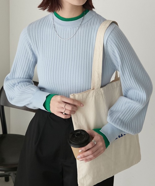 BONLECILL（ボンルシール）の「【至福のカヌレニット】レイヤード風ハイネックボリュームスリーブ リブニットプルオーバー（ニット/セーター・レディース・アイボリー/ブラック/杢グレー/ネイビー/ブラック×ホワイト/レッド/オレンジ/ベージュ/ブラック系1/ピンク/グリーン/チャコールグレー/ライトブルー/ダークグリーン/ネイビー系2/ブラック系2/ダークオレンジ/ブルー/マスタード/ホワイト×ブラック/ネイビー系3/レッド系1/ネイビー系1/グレー系1/アイボリー系1/ブラウン/ボルドー・M/L）」の15枚目の写真