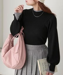 【至福のカヌレニット】レイヤード風ハイネックボリュームスリーブ リブニットプルオーバー