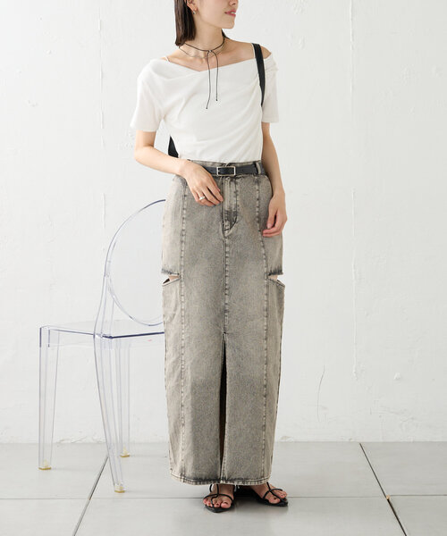 mystic(ミスティック)の「カットアウトスカート(デニムスカート・レディース・ブラック/ベージュ/ネイビー・1/2)」の5枚目の写真