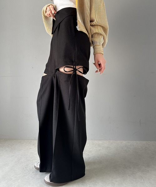 mily bilet(ミウィビレット)の「【mily bilet】大人ガーリーボトム。ウエスト折り返しリボンストラップ2WAYセンタープレスハイウエストワイドスラックスパンツ(スラックス・レディース・グレー系その他/ブラック/チャコールグレー・SMALL/MEDIUM/LARGE/X-LARGE)」の2枚目の写真