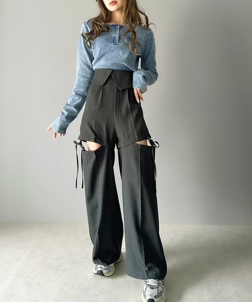 mily bilet(ミウィビレット)の「【mily bilet】大人ガーリーボトム。ウエスト折り返しリボンストラップ2WAYセンタープレスハイウエストワイドスラックスパンツ(スラックス・レディース・グレー系その他/ブラック/チャコールグレー・SMALL/MEDIUM/LARGE/X-LARGE)」の8枚目の写真