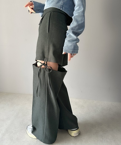 mily bilet(ミウィビレット)の「【mily bilet】大人ガーリーボトム。ウエスト折り返しリボンストラップ2WAYセンタープレスハイウエストワイドスラックスパンツ(スラックス・レディース・グレー系その他/ブラック/チャコールグレー・SMALL/MEDIUM/LARGE/X-LARGE)」の9枚目の写真