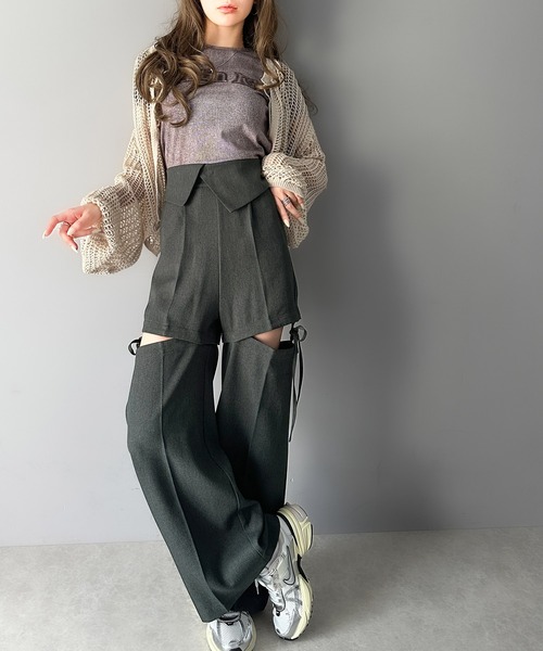 mily bilet(ミウィビレット)の「【mily bilet】大人ガーリーボトム。ウエスト折り返しリボンストラップ2WAYセンタープレスハイウエストワイドスラックスパンツ(スラックス・レディース・グレー系その他/ブラック/チャコールグレー・SMALL/MEDIUM/LARGE/X-LARGE)」の16枚目の写真