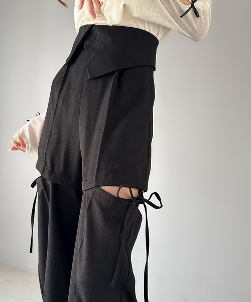 mily bilet(ミウィビレット)の「【mily bilet】大人ガーリーボトム。ウエスト折り返しリボンストラップ2WAYセンタープレスハイウエストワイドスラックスパンツ(スラックス・レディース・グレー系その他/ブラック/チャコールグレー・SMALL/MEDIUM/LARGE/X-LARGE)」の15枚目の写真