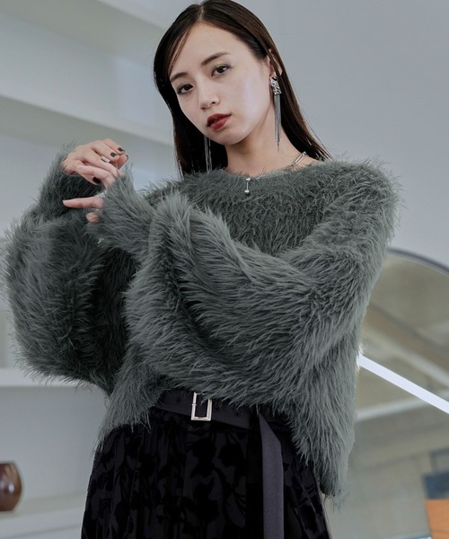 HARE(ハレ)の「ロングシャギーニットプルオーバー(HARE)(ニット/セーター・レディース・ブルー/チャコールグレー/ボルドー/ライトグレー/オレンジ/パープル/ライトブルー/ミント・FREE)」の12枚目の写真