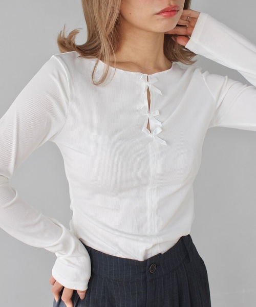 SANSeLF(サンセルフ)の「フロントリボンリブトップス【SANSeLF】 sanw24a036(Tシャツ/カットソー・レディース・ブラック/ホワイト・FREE)」の18枚目の写真