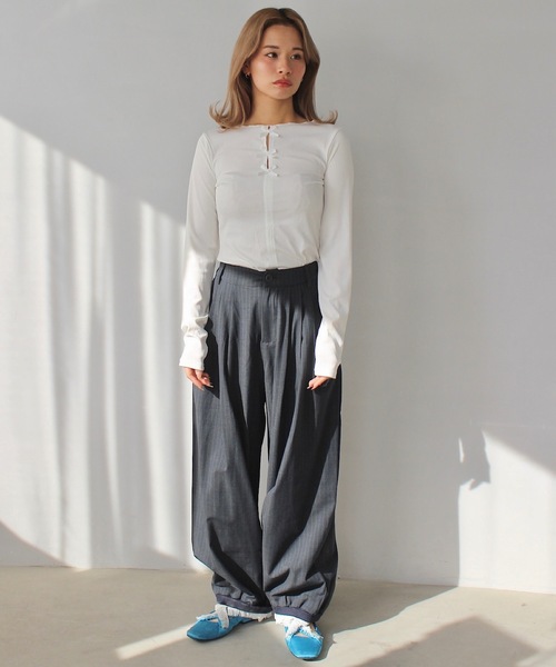 SANSeLF(サンセルフ)の「フロントリボンリブトップス【SANSeLF】 sanw24a036(Tシャツ/カットソー・レディース・ブラック/ホワイト・FREE)」の3枚目の写真