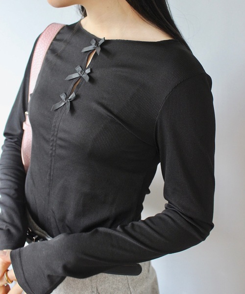 SANSeLF(サンセルフ)の「フロントリボンリブトップス【SANSeLF】 sanw24a036(Tシャツ/カットソー・レディース・ブラック/ホワイト・FREE)」の5枚目の写真