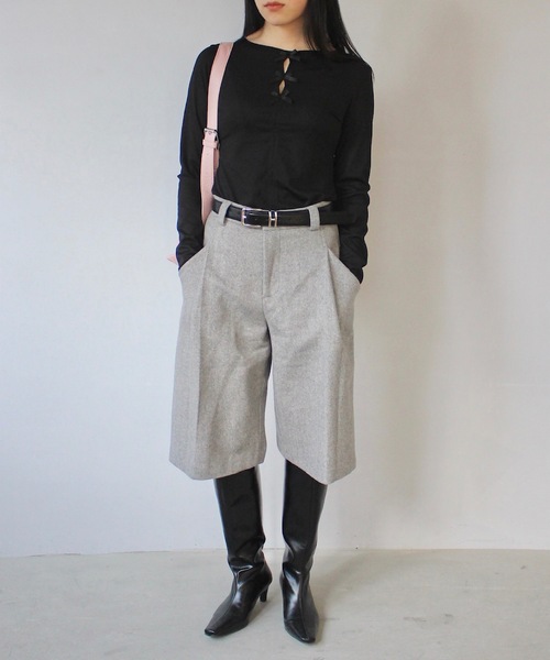 SANSeLF(サンセルフ)の「フロントリボンリブトップス【SANSeLF】 sanw24a036(Tシャツ/カットソー・レディース・ブラック/ホワイト・FREE)」の6枚目の写真