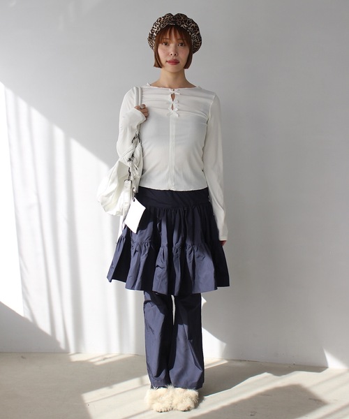 SANSeLF(サンセルフ)の「フロントリボンリブトップス【SANSeLF】 sanw24a036(Tシャツ/カットソー・レディース・ブラック/ホワイト・FREE)」の7枚目の写真