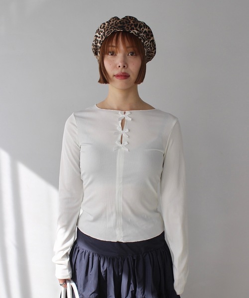 SANSeLF(サンセルフ)の「フロントリボンリブトップス【SANSeLF】 sanw24a036(Tシャツ/カットソー・レディース・ブラック/ホワイト・FREE)」の11枚目の写真
