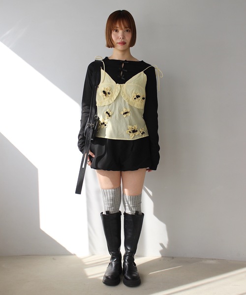 SANSeLF(サンセルフ)の「フロントリボンリブトップス【SANSeLF】 sanw24a036(Tシャツ/カットソー・レディース・ブラック/ホワイト・FREE)」の15枚目の写真