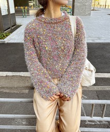 ミックスカラーシャギーニット (comochi select) / ぽこぽこ セーター カラーニット ふわふわ ボリューム袖 装飾