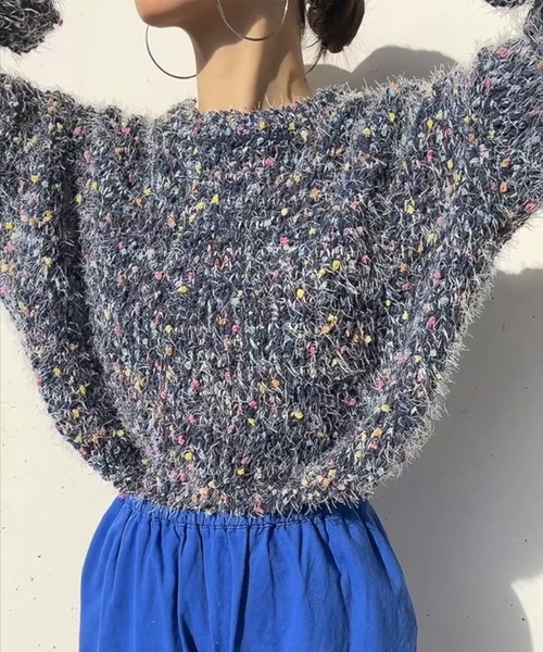 ISOOK（アイスー）の「ミックスカラーシャギーニット (comochi select) / ぽこぽこ セーター カラーニット ふわふわ ボリューム袖 装飾（ニット/セーター・レディース・ネイビー/アイボリー・FREE）」の7枚目の写真