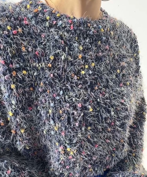 ISOOK（アイスー）の「ミックスカラーシャギーニット (comochi select) / ぽこぽこ セーター カラーニット ふわふわ ボリューム袖 装飾（ニット/セーター・レディース・ネイビー/アイボリー・FREE）」の9枚目の写真