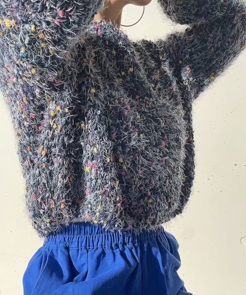 ISOOK（アイスー）の「ミックスカラーシャギーニット (comochi select) / ぽこぽこ セーター カラーニット ふわふわ ボリューム袖 装飾（ニット/セーター・レディース・ネイビー/アイボリー・FREE）」の18枚目の写真