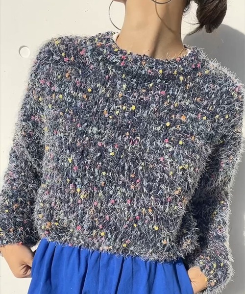 ISOOK（アイスー）の「ミックスカラーシャギーニット (comochi select) / ぽこぽこ セーター カラーニット ふわふわ ボリューム袖 装飾（ニット/セーター・レディース・ネイビー/アイボリー・FREE）」の16枚目の写真