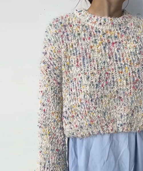 ISOOK（アイスー）の「ミックスカラーシャギーニット (comochi select) / ぽこぽこ セーター カラーニット ふわふわ ボリューム袖 装飾（ニット/セーター・レディース・ネイビー/アイボリー・FREE）」の15枚目の写真