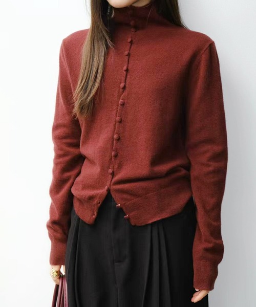 セール】ボタンデザイン ハイネックウールセーター（Tシャツ