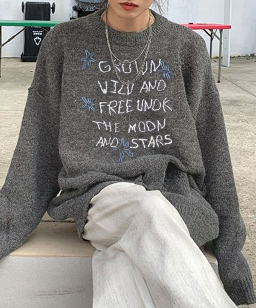 ARCHIVIO グレー ロゴセーター　新品未使用 セール】刺繍 ロゴニット 長袖 オーバーサイズ（ニット/セーター