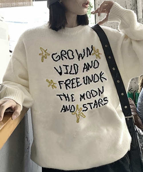 WESTSEA(ウエストシー)の「刺繍 ロゴニット 長袖 オーバーサイズ(ニット/セーター・レディース・グレー/アイボリー・FREE)」の4枚目の写真