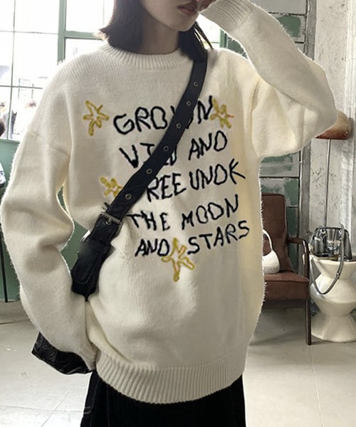 クリーム色 ロゴ刺繍 長袖セーター ニット セーター 6G ロゴ刺繍ハーフジップニットプルオーバー