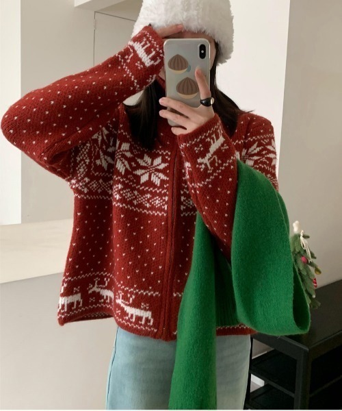 gossip!ロサンゼルス(ゴシップロサンゼルス)の「スノーカラージップアップノルディッククロップニットウェア Y2K(カーディガン/ボレロ・レディース・ワイン/ネイビー・FREE)」の3枚目の写真