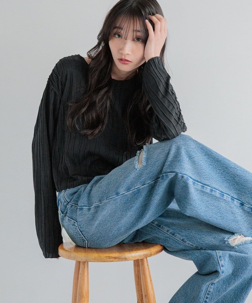 LOWRYS FARM（ローリーズファーム）の「ウネウネジャガードプルオーバー291339（Tシャツ/カットソー・レディース・アイボリー/ブラック・FREE）」の5枚目の写真