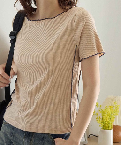 CHAN ME（チャンミ）の「配色ボートネックメロートップス（Tシャツ/カットソー・レディース・ベージュ/チャコールグレー/ブラック/ホワイト・LARGE/MEDIUM/X-LARGE）」の4枚目の写真