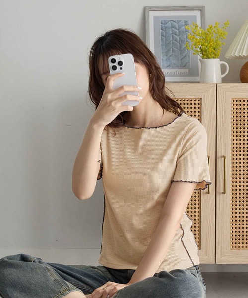 CHAN ME（チャンミ）の「配色ボートネックメロートップス（Tシャツ/カットソー・レディース・ベージュ/チャコールグレー/ブラック/ホワイト・LARGE/MEDIUM/X-LARGE）」の19枚目の写真