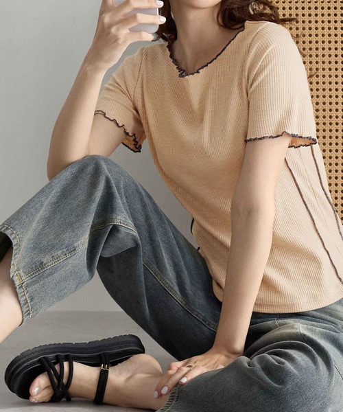 CHAN ME（チャンミ）の「配色ボートネックメロートップス（Tシャツ/カットソー・レディース・ベージュ/チャコールグレー/ブラック/ホワイト・LARGE/MEDIUM/X-LARGE）」の20枚目の写真