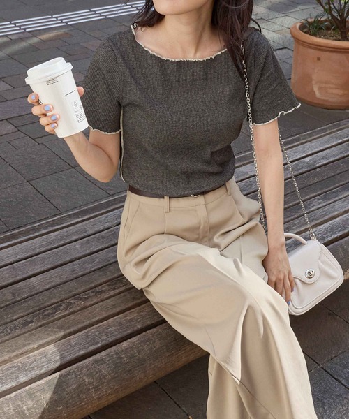 セール】配色ボートネックメロートップス（Tシャツ/カットソー