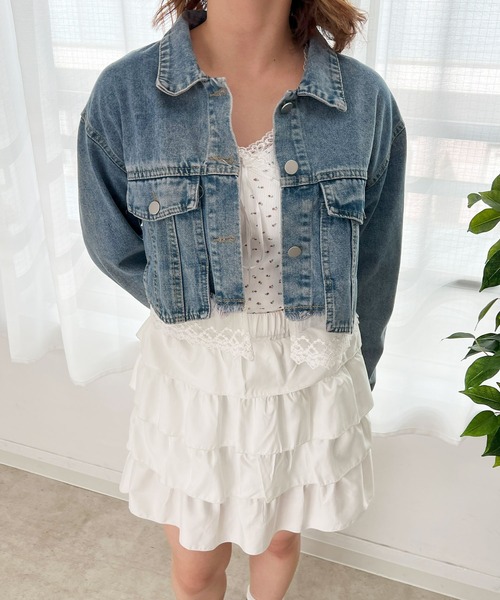 frunco(フランコ)の「レース付きショートデニムジャケット(デニムジャケット・レディース・ブルー・FREE)」の1枚目の写真