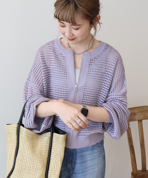 AMERICAN HOLIC（アメリカンホリック）の「ジップアップメッシュニットカーディガン（カーディガン/ボレロ・レディース・ブラック/アイボリー/ミント/ライトパープル・M/L）」の16枚目の写真