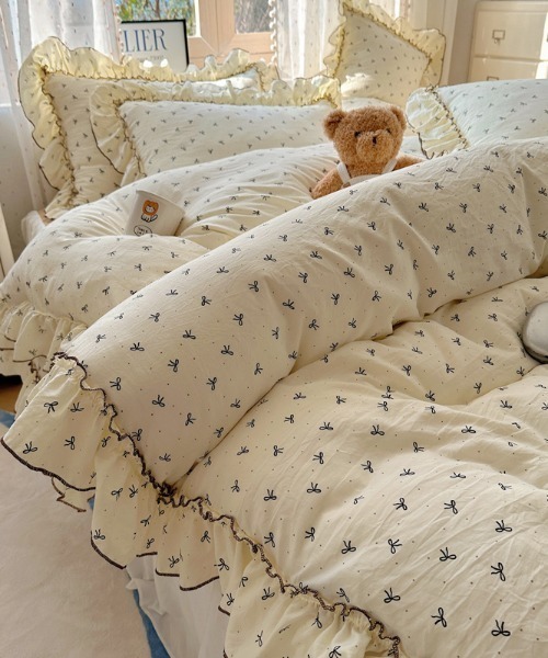 セール】花柄リボンパイピングフリルベッドカバー4点セット（寝具