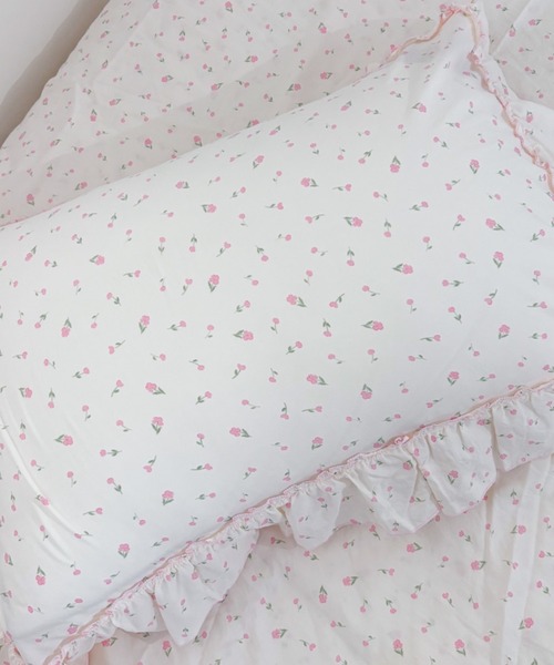 セール】花柄リボンパイピングフリルベッドカバー4点セット（寝具