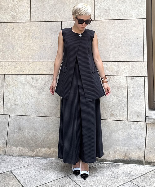 JENNE ジレ/ ブラック セール】ピンストライプモダンジレ（その他トップス）｜JENNE