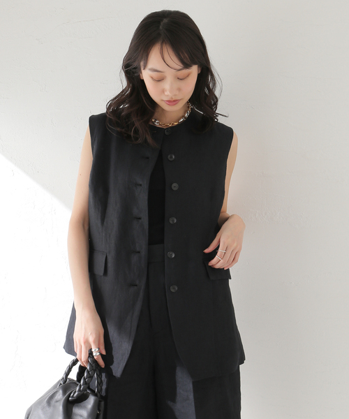 journal standard L'essage(ジャーナルスタンダードレサージュ)の「リネンキャンバスノーカラーベスト(その他アウター・レディース・ブラック/ベージュ・FREE)」の14枚目の写真