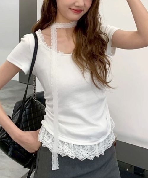 almo（アルモ）の「【LAMPOON】レースストールカットソー（Tシャツ/カットソー・レディース・グレー/ホワイト・MEDIUM）」の9枚目の写真